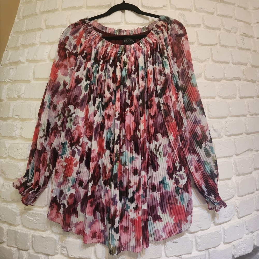 St.John Burgundy Floral Pleated Women's Top Long Sleeve - Multicolor Sz L